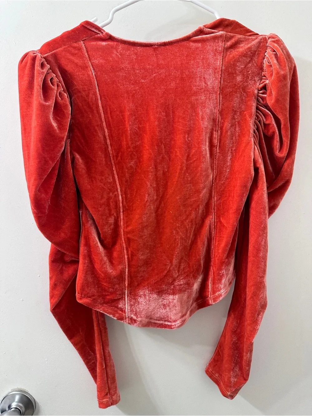 Free People Velvet Puff-Sleeve Square Neck Top in Coral Orange